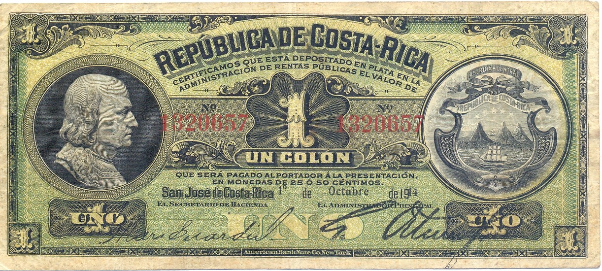 Costa Rica 1 Colon Silver Certificate, 1914.World Banknotes & Coins