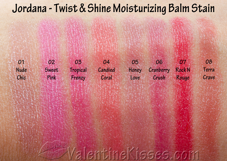 Valentine Kisses Jordana Twist & Shine Moisturizing Balm Stains all 8 shades pics, swatches
