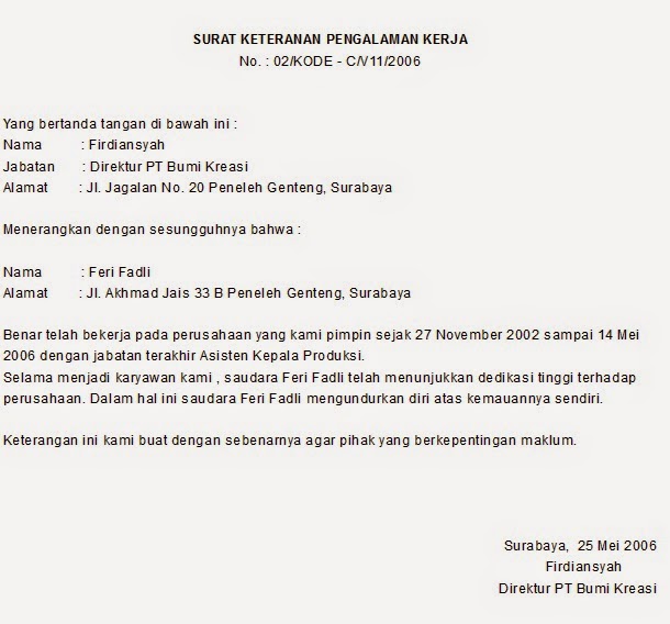 Contoh Surat Keterangan Kerja Dari Perusahaan Lengkap 2019