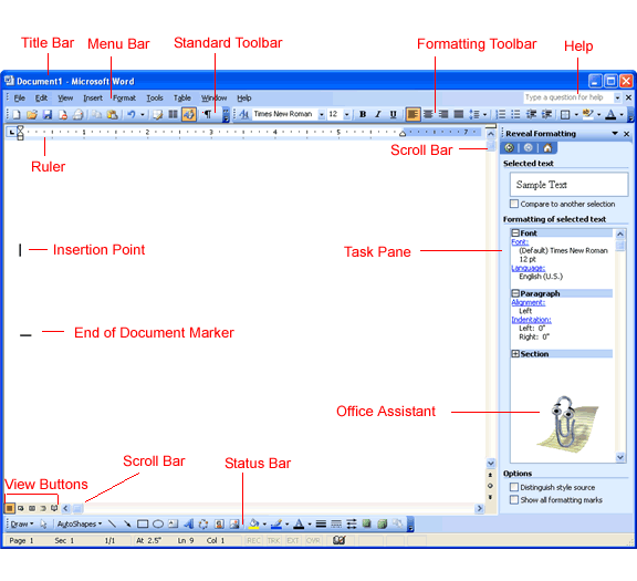 microsoft word 2016 window labeled parts