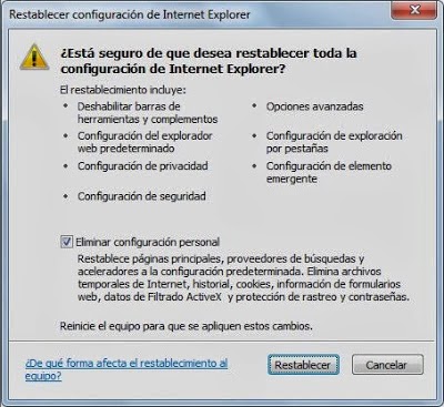 Restablecer configuración de Internet Explorer