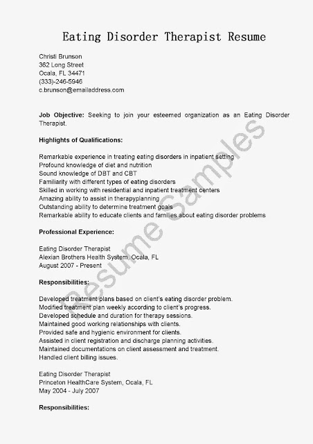 great sample resume resume samples eating disorder therapist resume samples