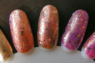 Swatches (left to right) of Spoiled Jewelry Heist over  e.l.f. Copper, Sally Hansen Firefly, Orly Ingenue