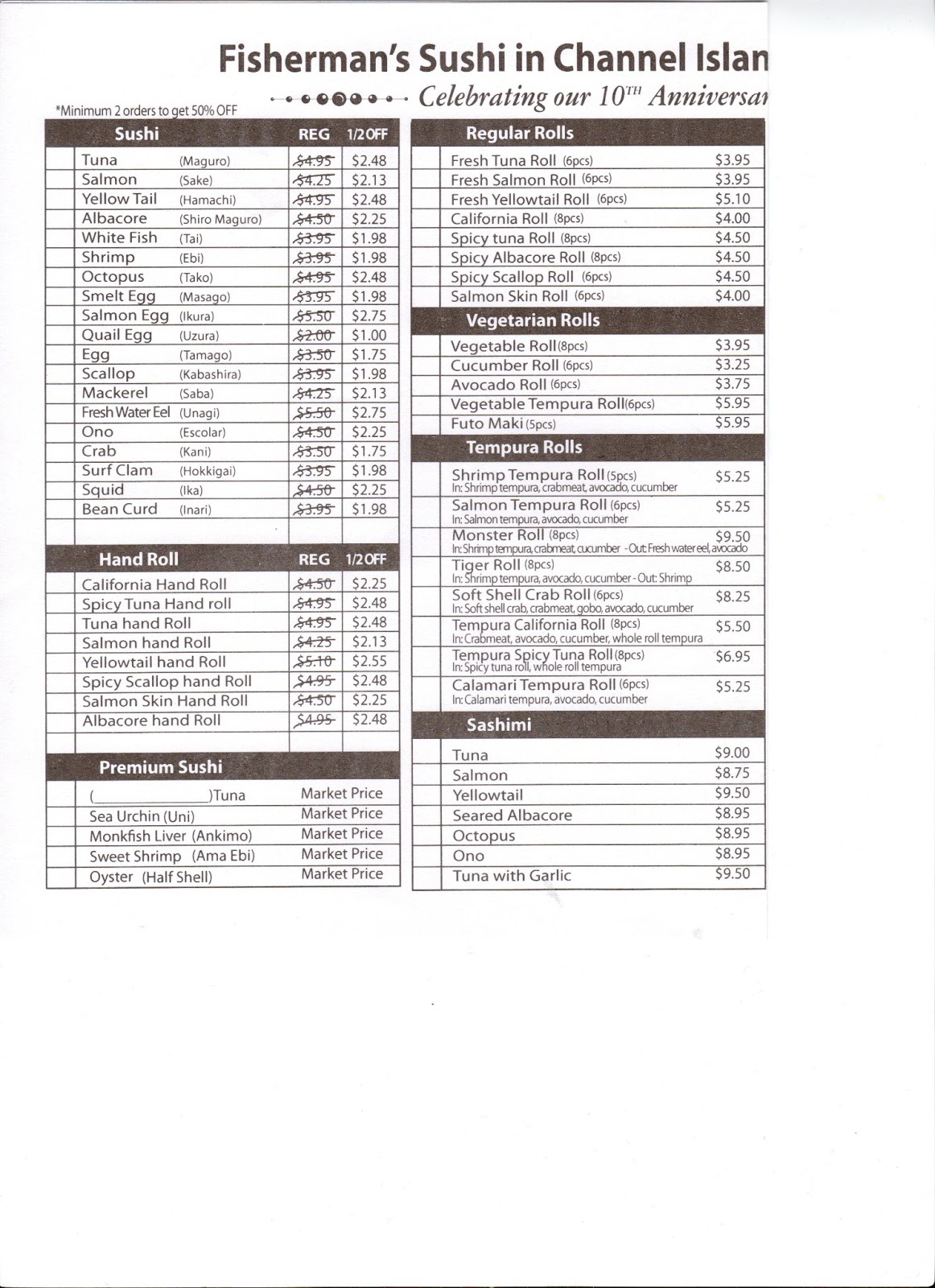 Vc Menu Fisherman Sushi Oxnard
