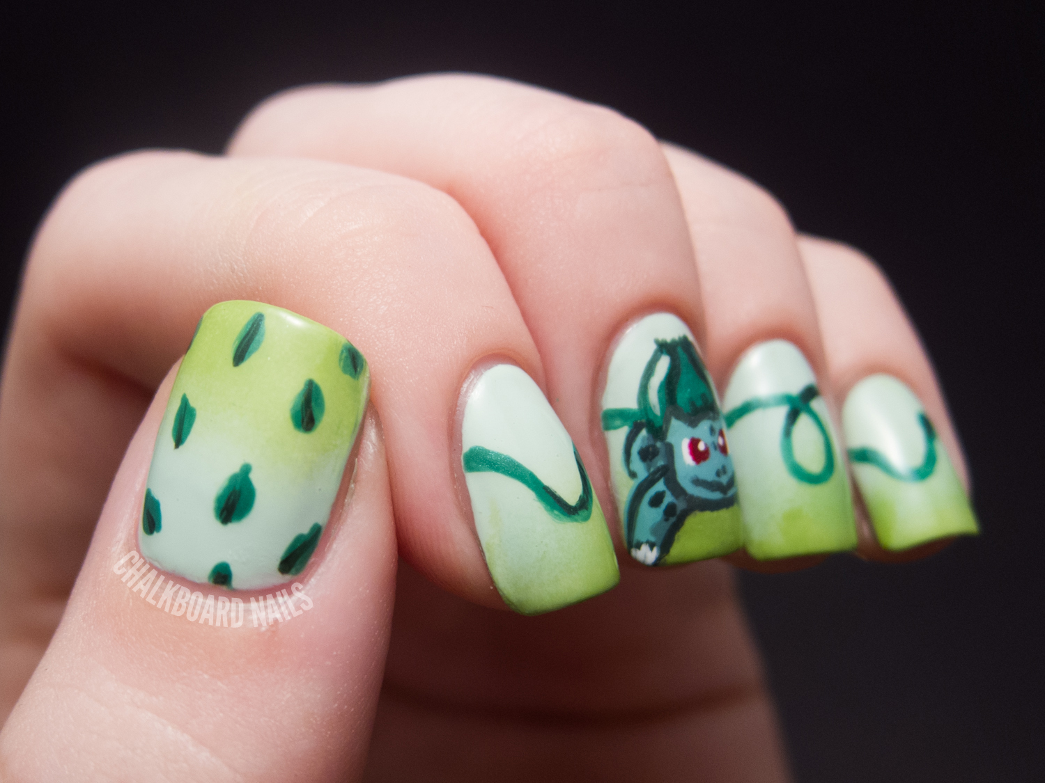 31DC2012 Day 04, Green Nails (BULBASAUR!) Chalkboard Nails Nail