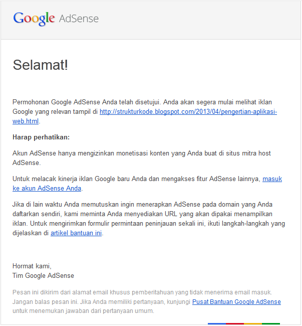 Notifikasi Diterima Google Adsense