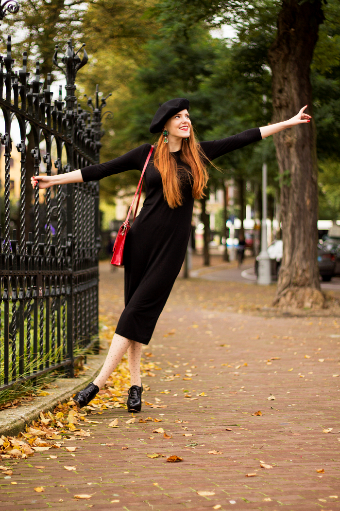 Polka dot seam tights, beret, black dress and emerald earrings vintage style outfit
