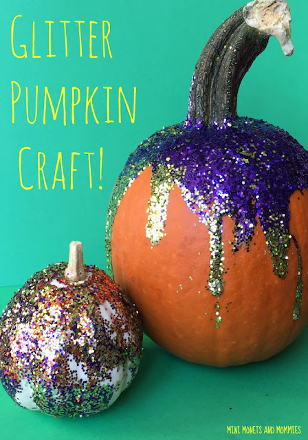 Glitter pumpkins with purple and gold glitter dripping down on the right and the left is a white pumpkin coated in rainbow glitter.