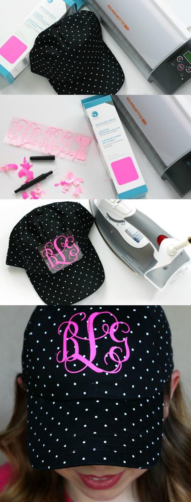Make your own monogrammed baseball hat using a plain hat, heat transfer vinyl, and your Silhouette. www.pitterandglink.com
