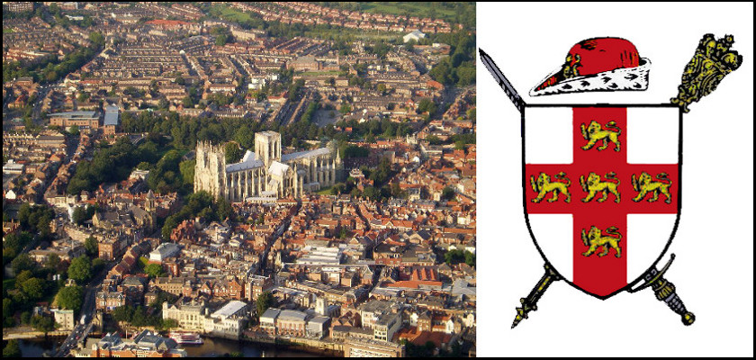 Aerial view of York city centre; plus the York coat of arms