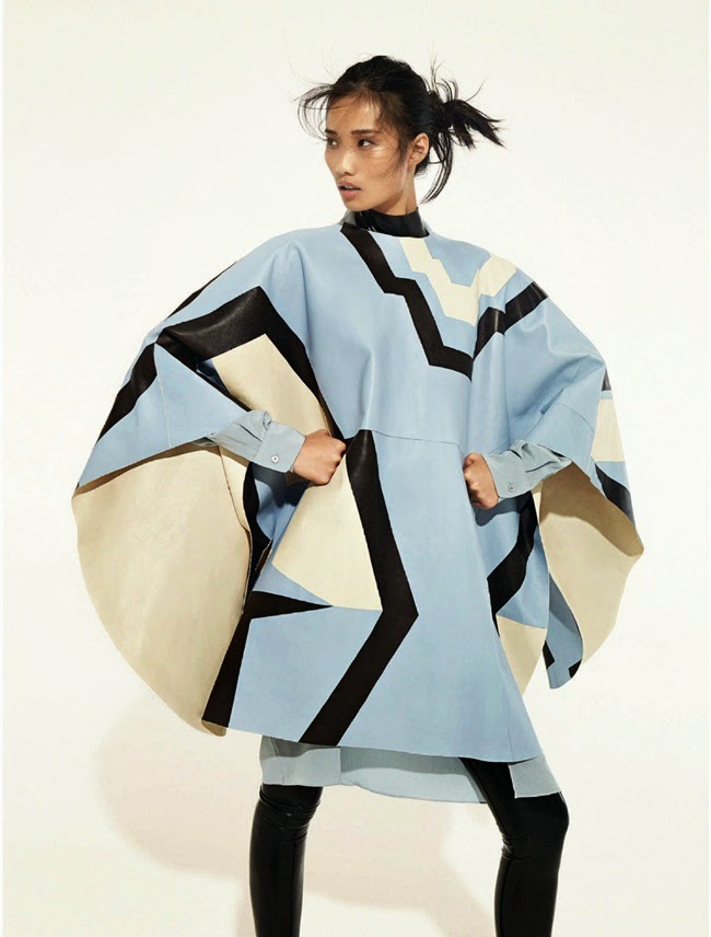 Elle UK October 2014, Leaf Zhang Tod's 2014 AW Light Blue Graphic Cape Editorials