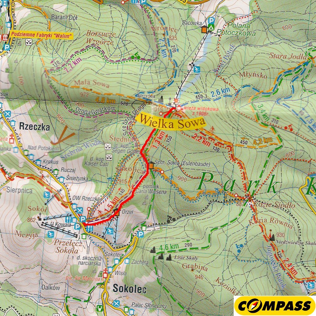 Mapa szlaków turytycznych na Wielką Sowę