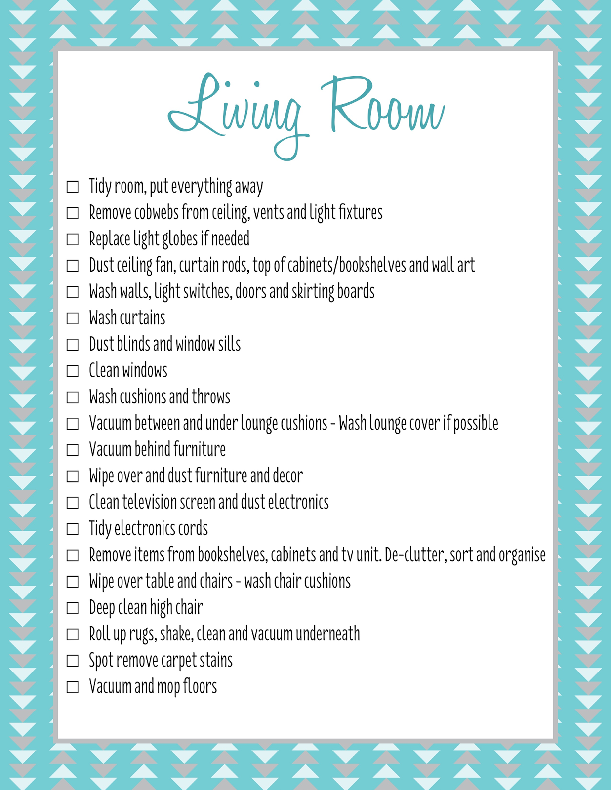 Cleaning checklist, Living room cleaning checklist, House cleaning