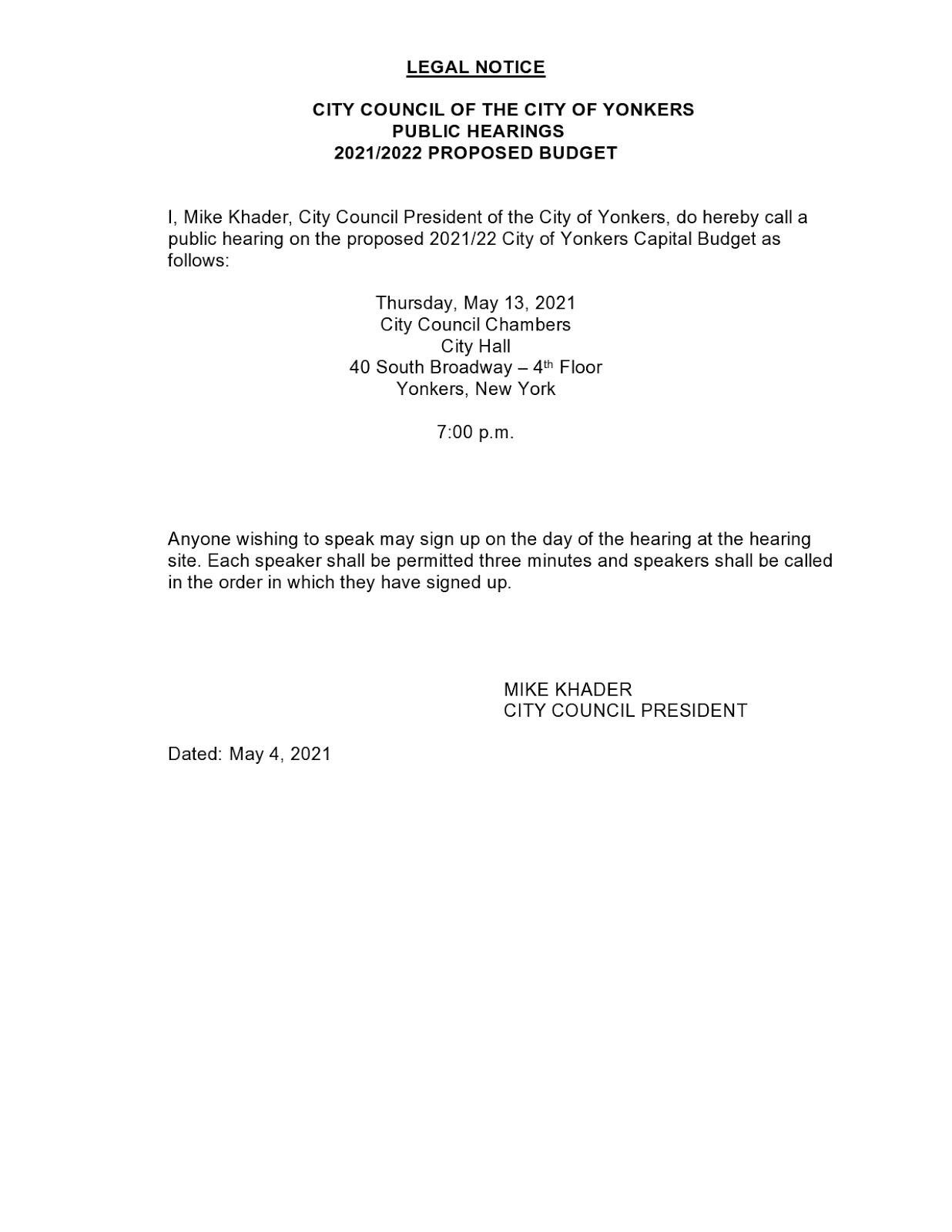 City of Yonkers Legal Notice: FY2021-2022 Budget Public Hearing Notice.