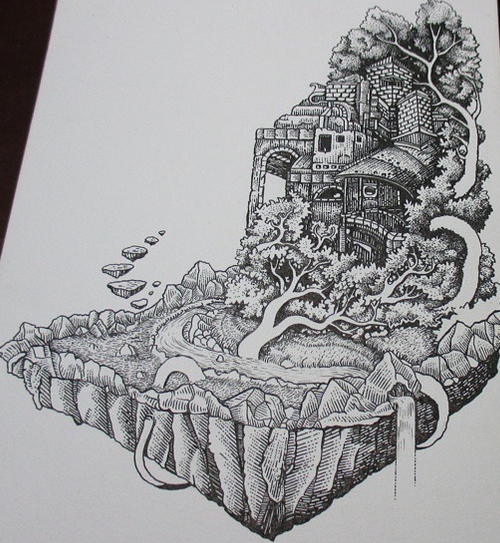 05-House-in-the-Hills-Muthahari-Insani-Beautifully-Detailed-Ink-Drawings-and-Doodles-www-designstack-co