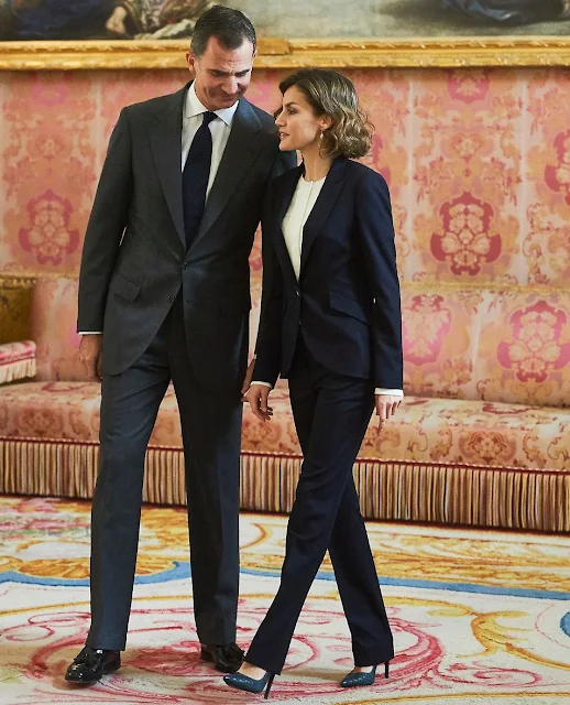 King Felipe of Spain and Queen Letizia of Spain attend meeting with Princesa de Girona Foundation at the Royal Palace