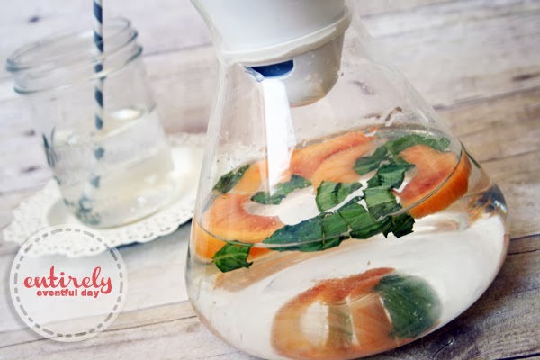 Best tasting water ever! Peach and Basil Infused Water. www.entirelyeventfulday.com  #givesoma #pmedia #ad
