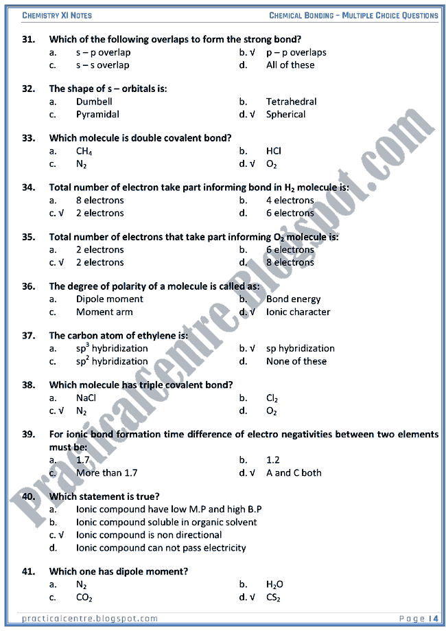 Chemical Bonding - MCQs - Chemistry XI