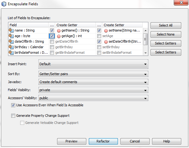 Encapsulate Fields Settings Window showing the settings for encapsulating the fields