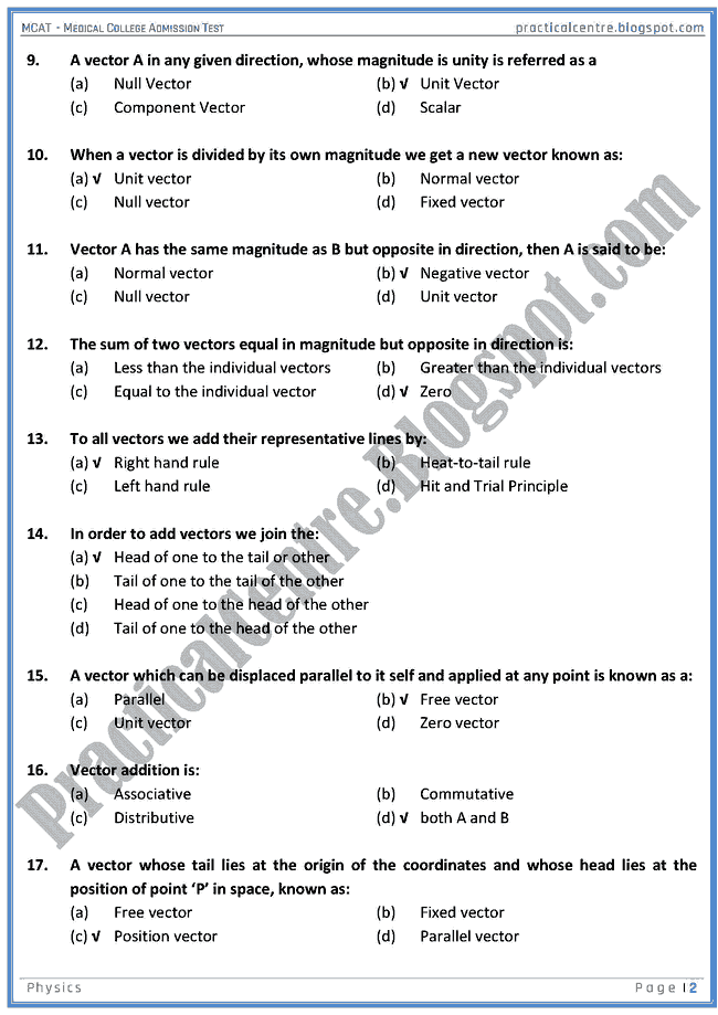 mcat-physics-scalars-and-vectors-mcqs-for-medical-college-admission-test