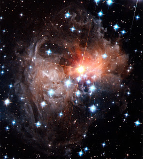 Spectacular views of V838 Monocerotis light echo in 2005 and 2006 Spectacular views of V838 Monocerotis light echo in 2005 and 2006  Spectacular views of V838 Monocerotis light echo in 2005 and 2006   These images show the evolution of the light echo around the star V838 in the constellation of Monoceros. They were taken by the Hubble Advanced Camera for Surveys in November 2005 (left) and again in September 2006 (right). The numerous whorls and eddies in the interstellar dust are particularly noticeable. Possibly they have been produced by the effects of magnetic fields in the space between the stars.  Image Credit: NASA, ESA and H. Bond (STScI)