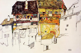 Drawing by Egon Schiele Drawing of houses by Egon Schiele; detailed description follows in caption.