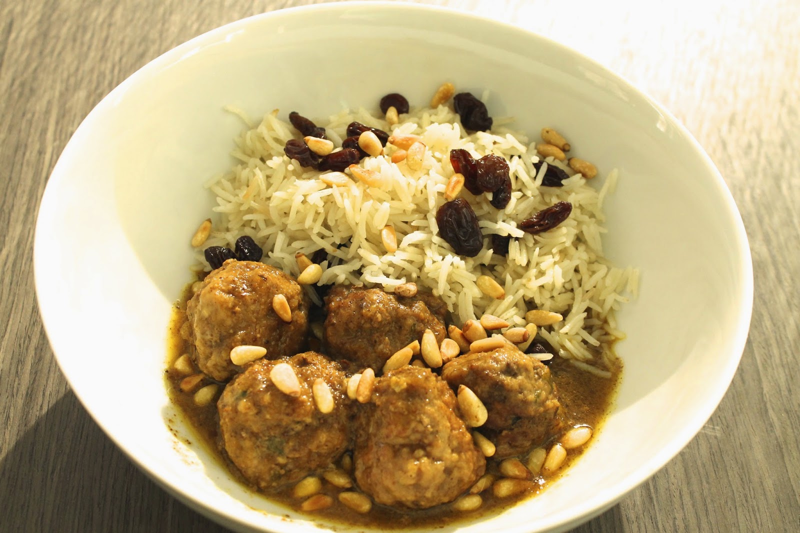 Saffron & Sun Curried Meatballs with Basmati Rice, Raisins and Pine Nuts