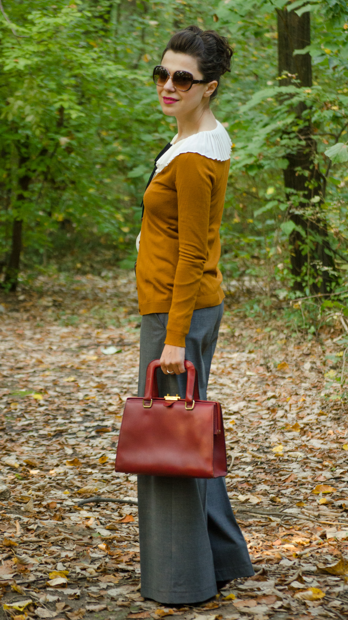 grey flare pants peter pan collar ivoire shirt black bow tie burgundy bag autumn outfit forest cardigan