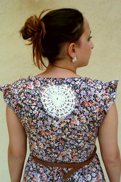 crochet heart, vintage dress, vintage fabric, floral dress, heart cut out dress