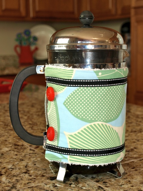 Oatmeal French Press Cozy with Nature Button 