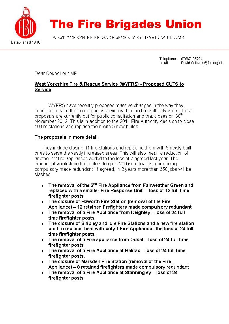 Fire Cuts Cost Lives Fire Brigades Union Letter to Elected Members