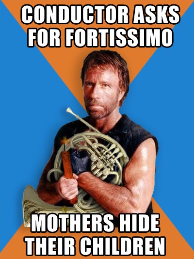 photograph of Chuck Norris with French horn captioned Conductor asks for fortissimo, mothers hide their children