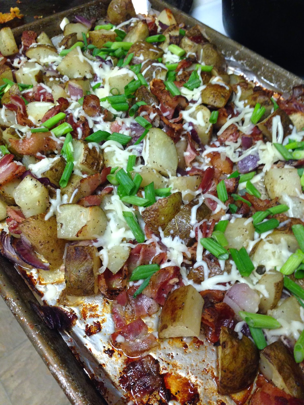 History & Pearls Roasted Potatoes with Bacon, Onion, and Cheese