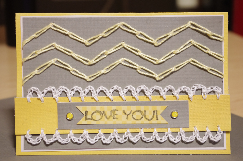 Sharp Crochet Hook Chevron style handmade card with crochet edging