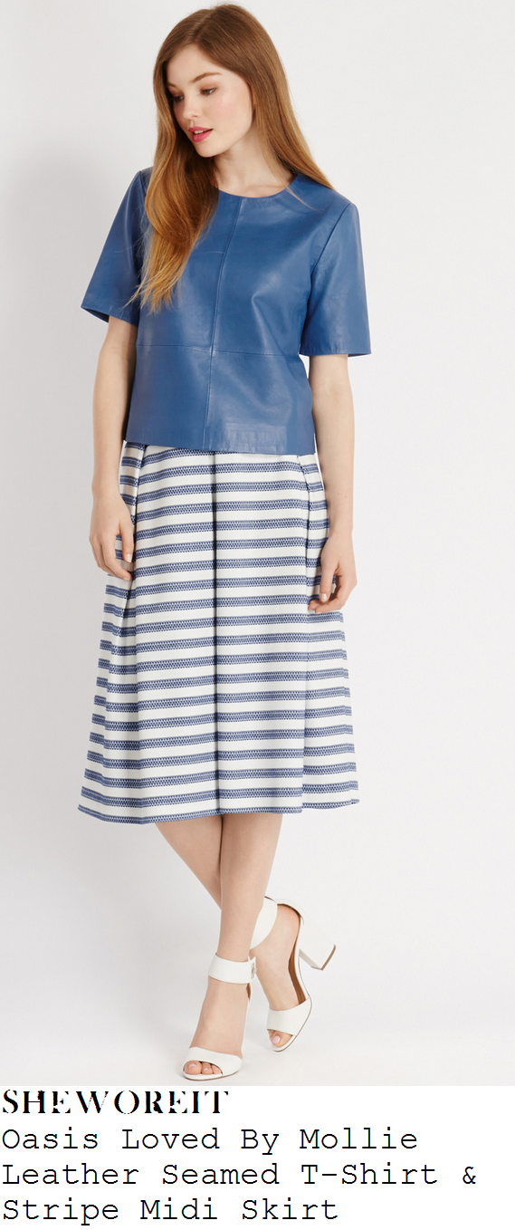 mollie-king-blue-leather-crop-top-t-shirt-and-cream-white-and-blue-striped-pleated-midi-skirt-oasis-edit mollie-king-blue-leather-crop-top-t-shirt-and-cream-white-and-blue-striped-pleated-midi-skirt-oasis-edit