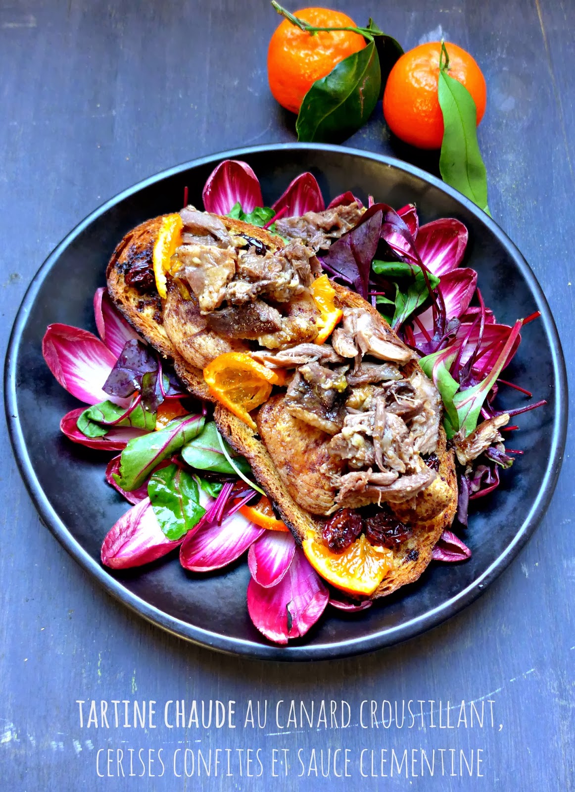 Tartine chaude de canard croustillant, cerises séchées et sauce à la