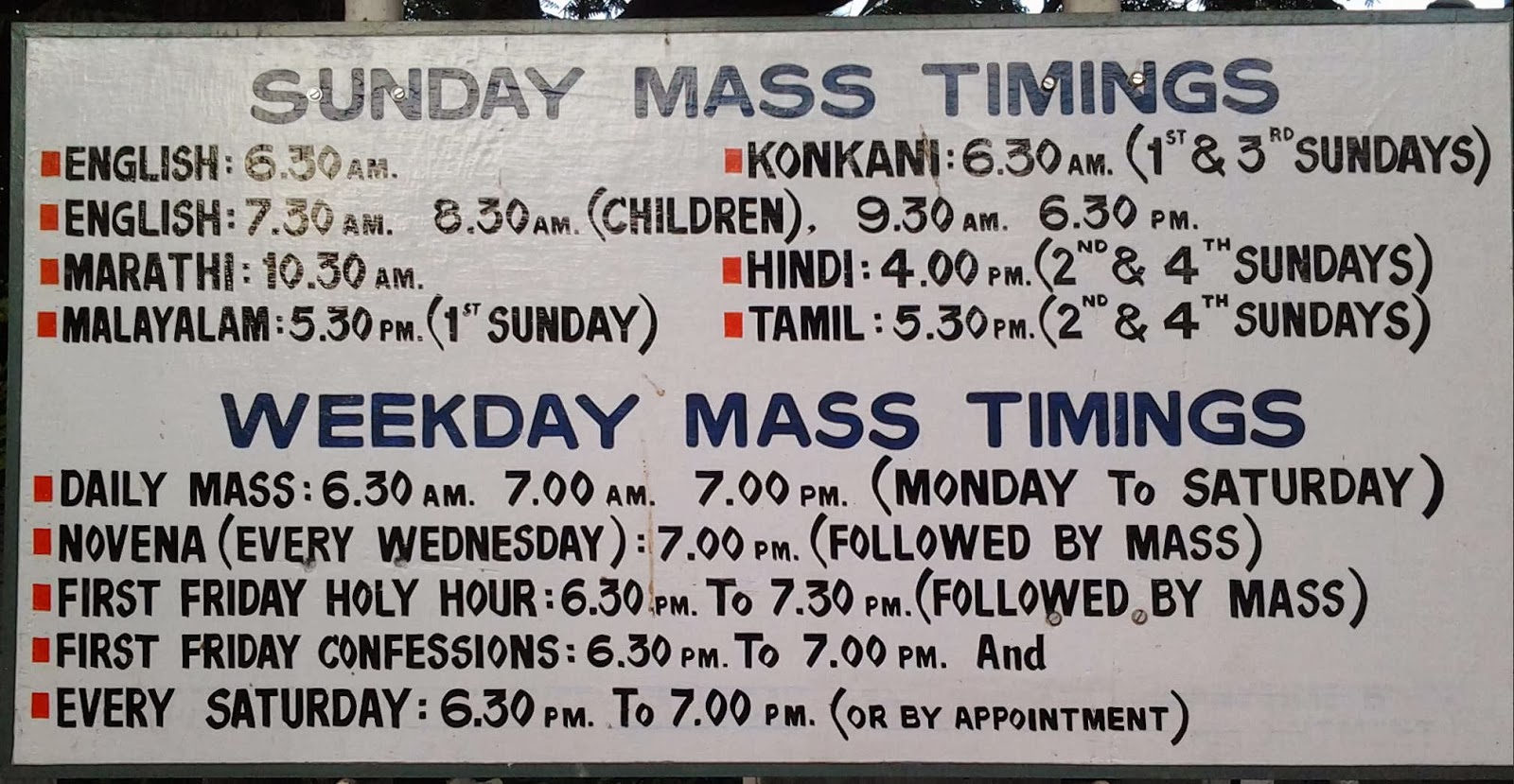 Timings of Churches in Mumbai and Elsewhere OLPS CHURCH MASS TIMINGS