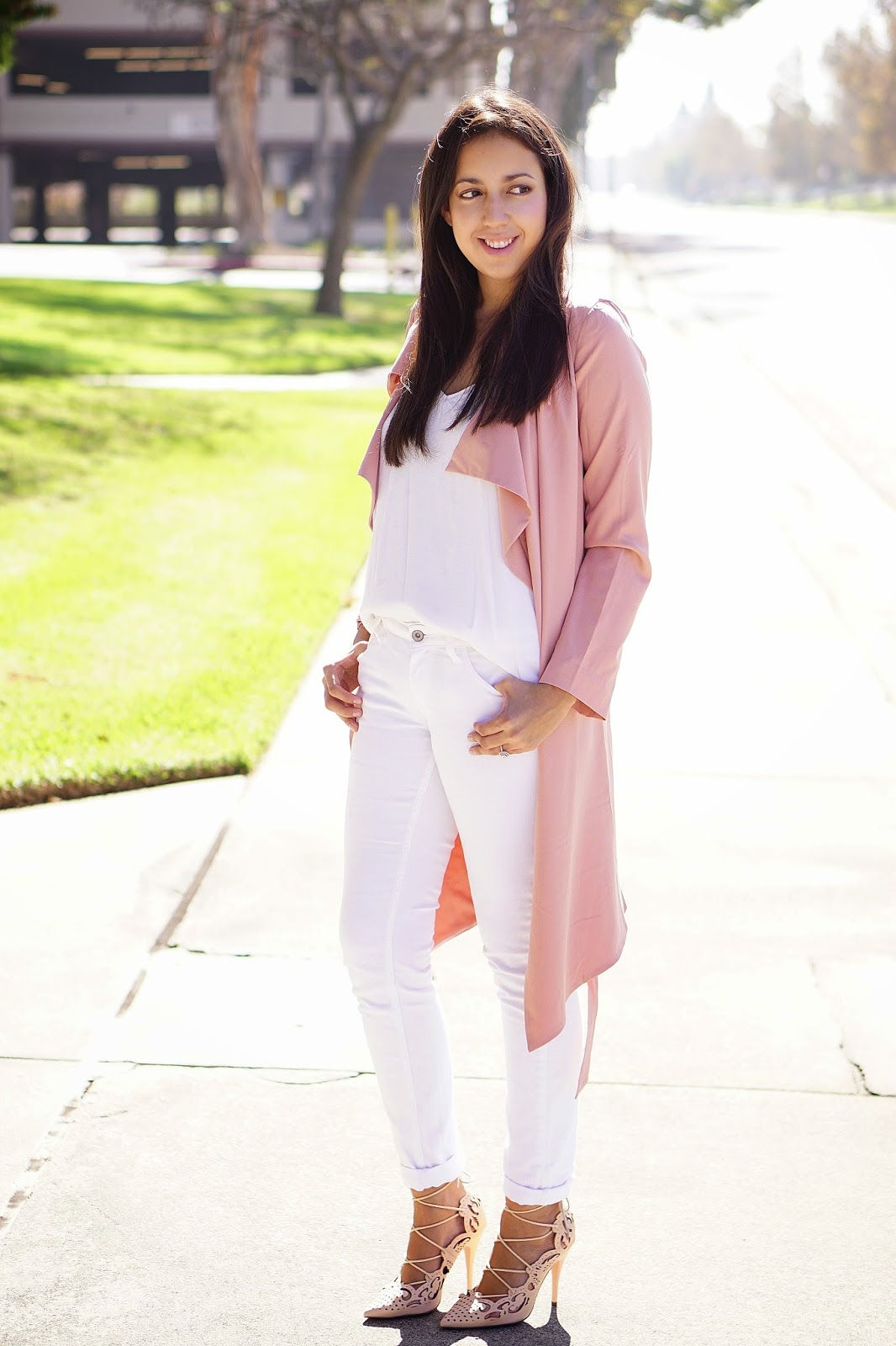 White Mango Cami, MNG by Mango, JCPenney, Arizona Skinny Jeans, White Jeans, Shoedazzle, Pink Trench Coat, Windsor Pink Trench Coat, Windsor, Neutral Outfit, Nude Laser Cut Heels, Christian Louboutin Inspired Heels, California Fall Fashion
