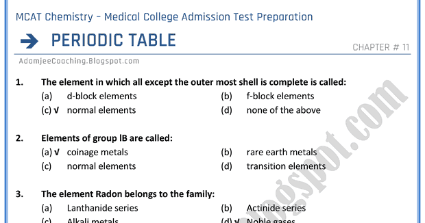 adamjee coaching mcat chemistry periodic table mcqs for college entry essays