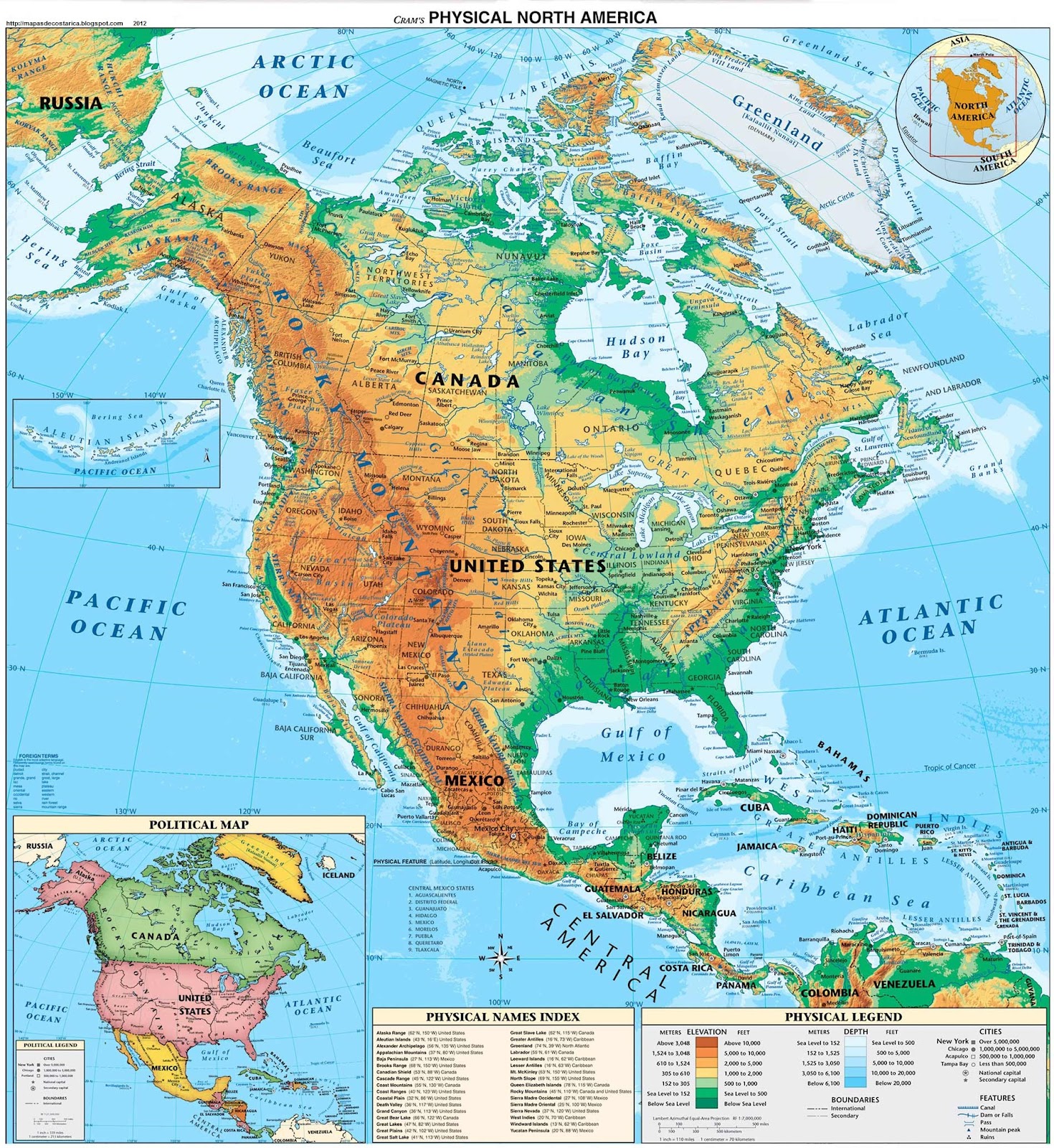Mapa Fisico de America del Norte (Norteamerica)