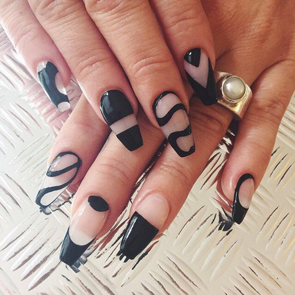 40 BLACK NAIL ART IDEAS - Fashion Hippoo Abstract black and clear nail polish design. Play around with clear nail polish and black designs on your nails. You can even paint on your cuticles to make ... - 40 BLACK NAIL ART IDEAS - Fashion Hippoo