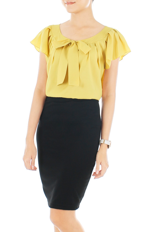Charming Flutter Pussybow Blouse - Yellow