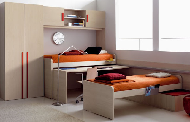 Дизайн дитячої кімнати з подвійним висувним ліжком та висувним столом