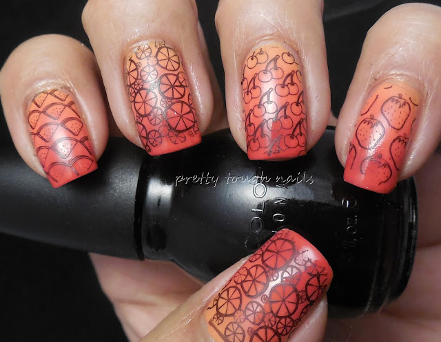 Summer Gradient Sinful Sunburnt, Revlon Sorbet, and Sally Hansen Right Said Red with Winstonia Fruit Stamping