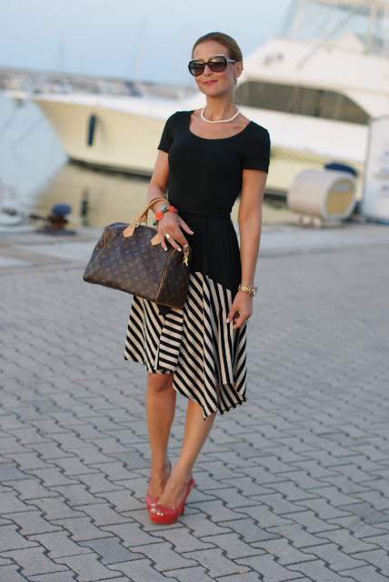 summer outfits, black and white striped dress, DKNY, Louis Vuitton Speedy 30 bag, Fashion and Cookies