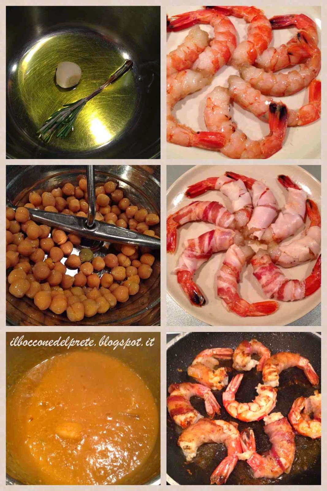 Crema di ceci con gamberoni lardellati