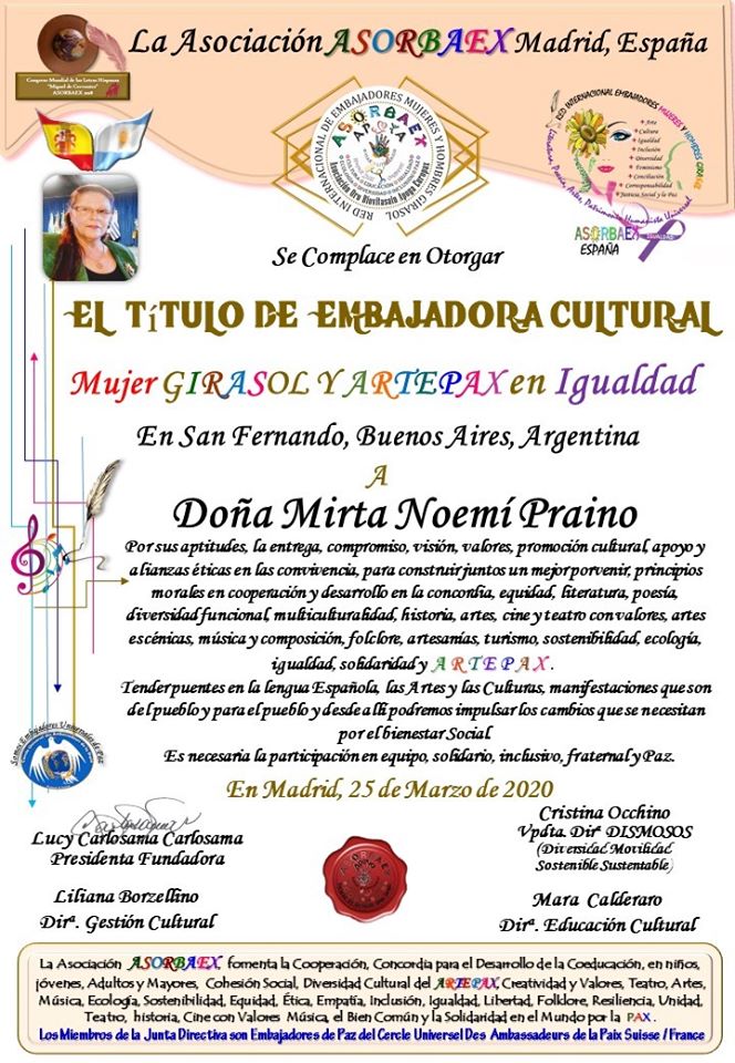 Pte Foro Mujeres de Iberoamerica Mirta Praino recibe Titulo de Embajadora Cultural Madrid-España