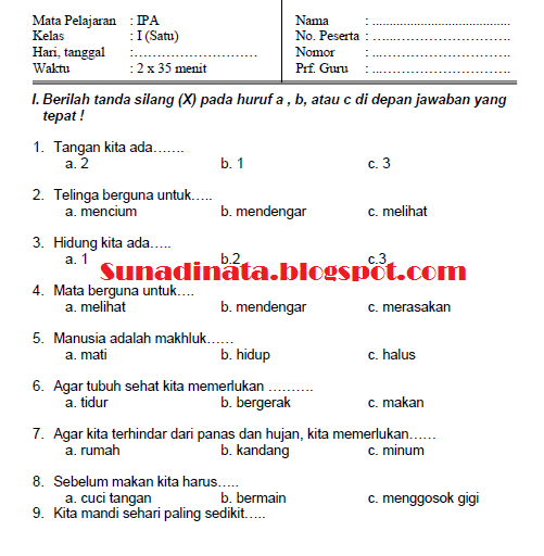 Soal IPA   Kelas 1 , kelas 2 , kelas 4  kelas 5 dan kelas 6