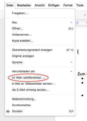 Screenshot der FUnktion Im Web veröffentlichen innerhalb von Google Docs