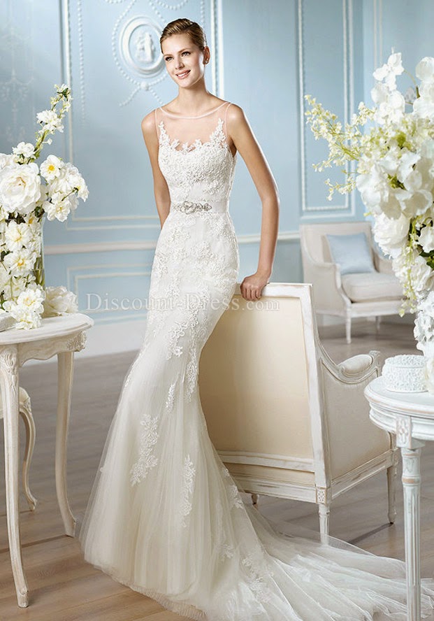 Elegant Floor Length Bateau Neck Lace Sheath/ Column Sleeveless Wedding Dress